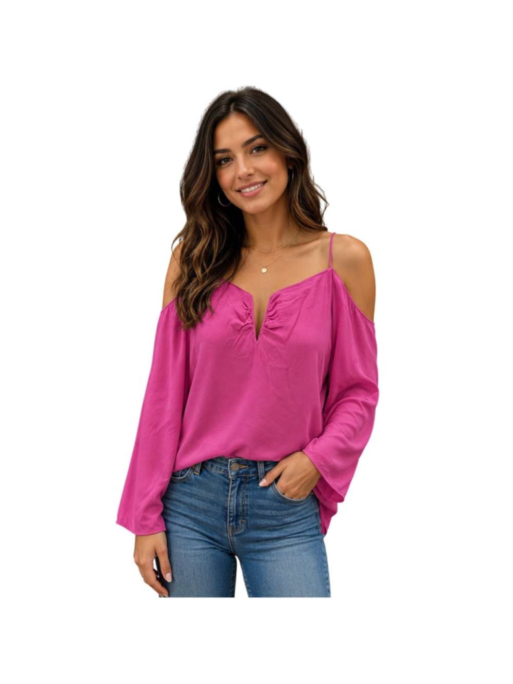 Atelier colab fuschia 100% silk off the shoulder surplice girly blouse relaxed L